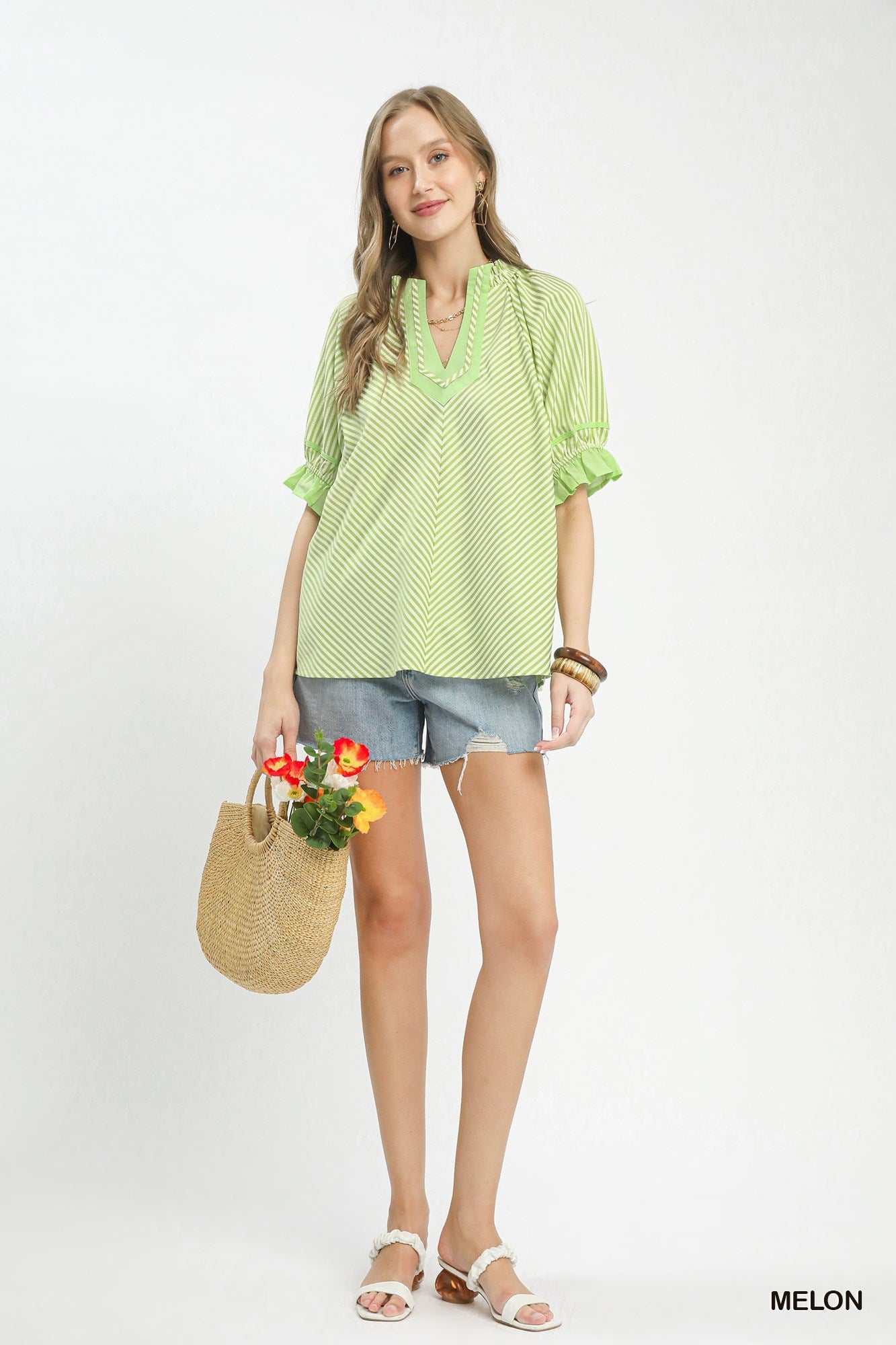 Umgee Stripe Ruffle Sleeve Split - Neck Blouse - Bitsy Gypsy Boutique