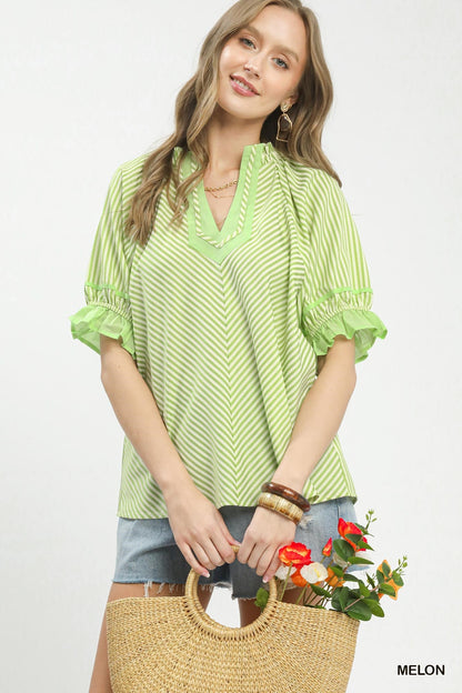 Umgee Stripe Ruffle Sleeve Split - Neck Blouse - Bitsy Gypsy Boutique