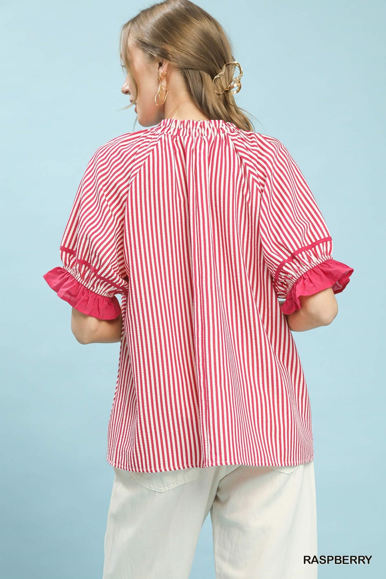 Umgee Stripe Ruffle Sleeve Split - Neck Blouse - Bitsy Gypsy Boutique