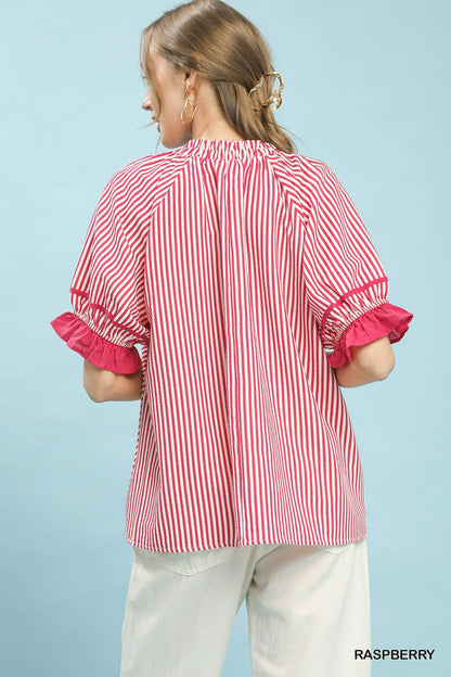 Umgee Stripe Ruffle Sleeve Split - Neck Blouse - Bitsy Gypsy Boutique