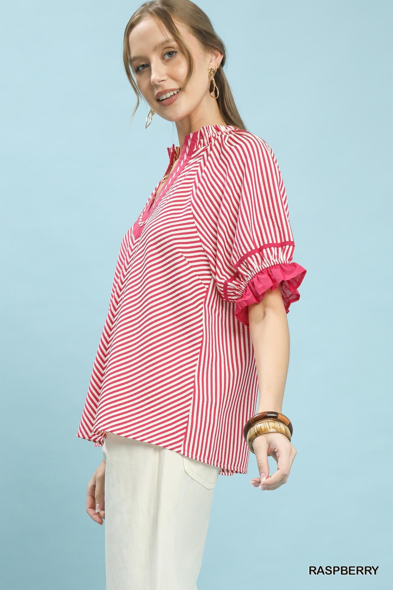 Umgee Stripe Ruffle Sleeve Split - Neck Blouse - Bitsy Gypsy Boutique