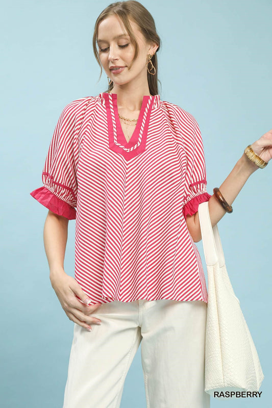 Umgee Stripe Ruffle Sleeve Split - Neck Blouse - Bitsy Gypsy Boutique