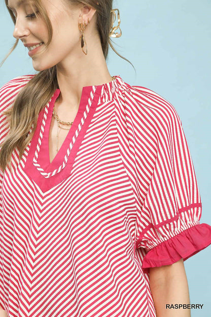 Umgee Stripe Ruffle Sleeve Split - Neck Blouse - Bitsy Gypsy Boutique