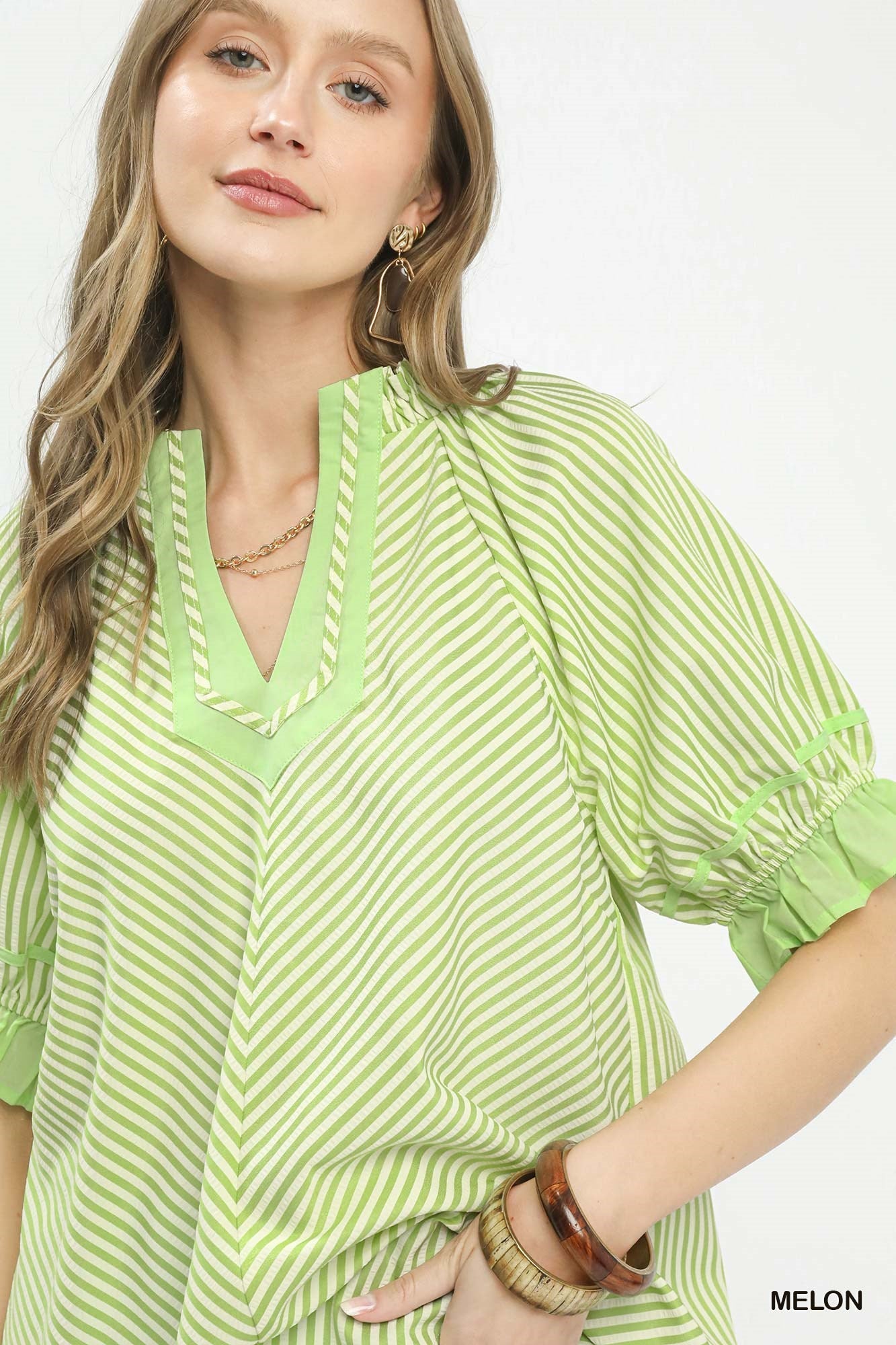 Umgee Stripe Ruffle Sleeve Split - Neck Blouse - Bitsy Gypsy Boutique
