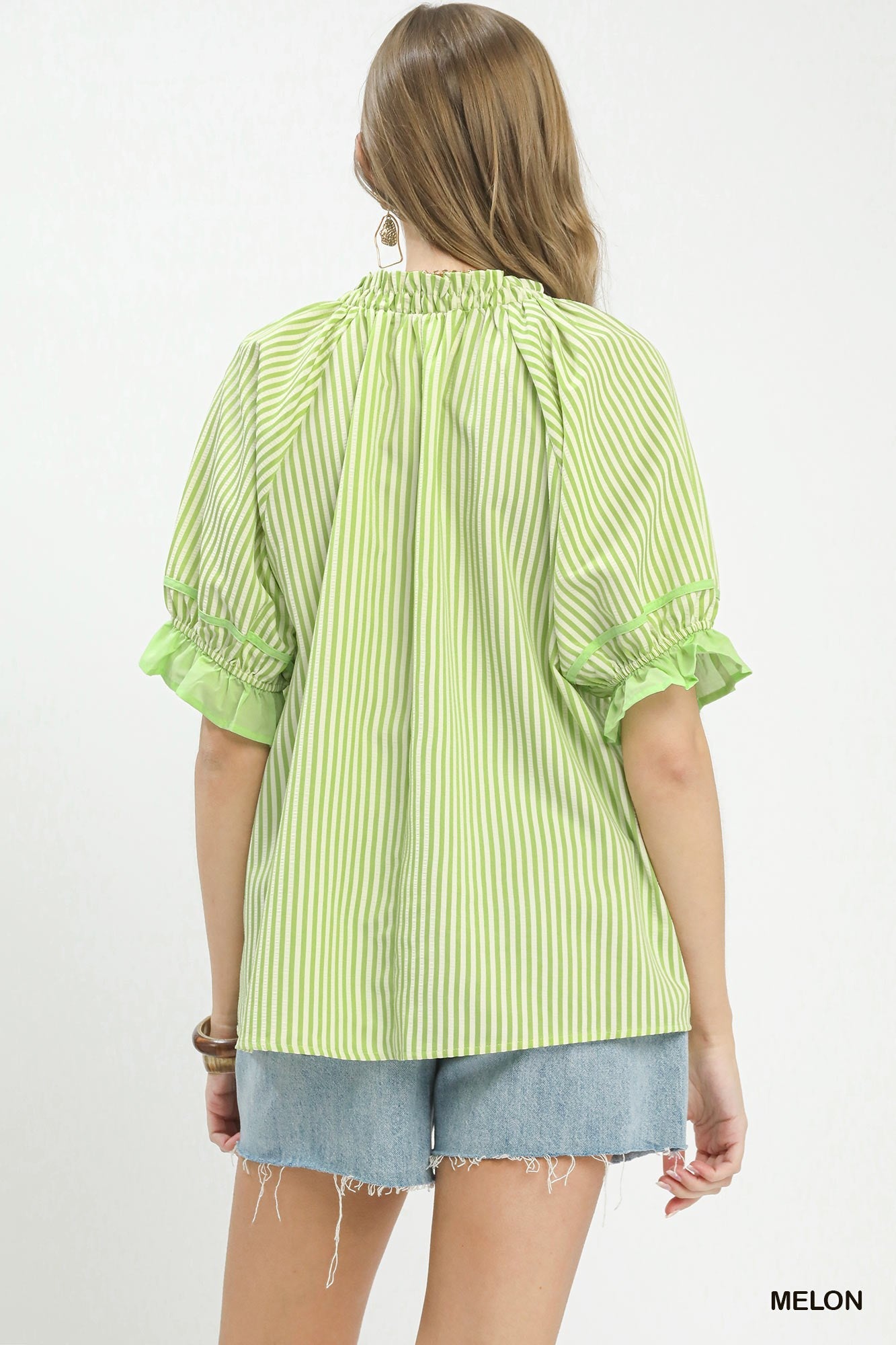 Umgee Stripe Ruffle Sleeve Split - Neck Blouse - Bitsy Gypsy Boutique