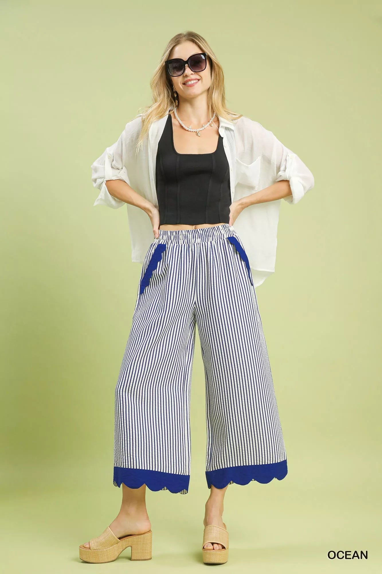 Umgee Stripe Scallop Hem Wide Leg Pants - Bitsy Gypsy Boutique
