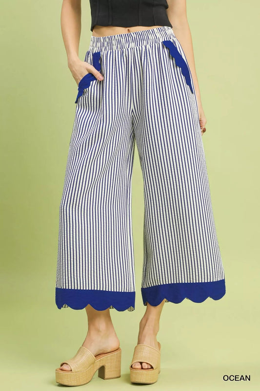 Umgee Stripe Scallop Hem Wide Leg Pants - Bitsy Gypsy Boutique