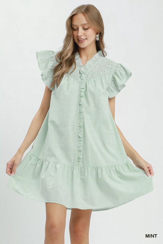 Umgee Stripe Smocked Yoke Ruffle Dress - Bitsy Gypsy Boutique