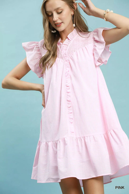Umgee Stripe Smocked Yoke Ruffle Dress - Bitsy Gypsy Boutique