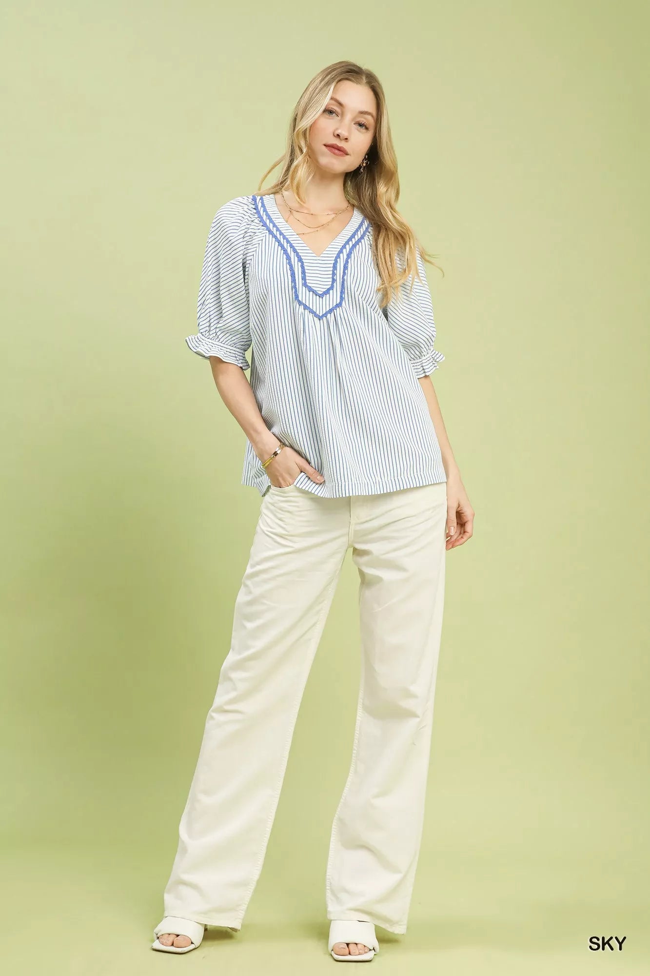 Umgee Stripe V - Neck Blouse - Bitsy Gypsy Boutique