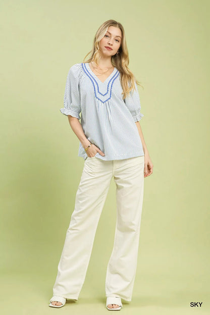 Umgee Stripe V - Neck Blouse - Bitsy Gypsy Boutique