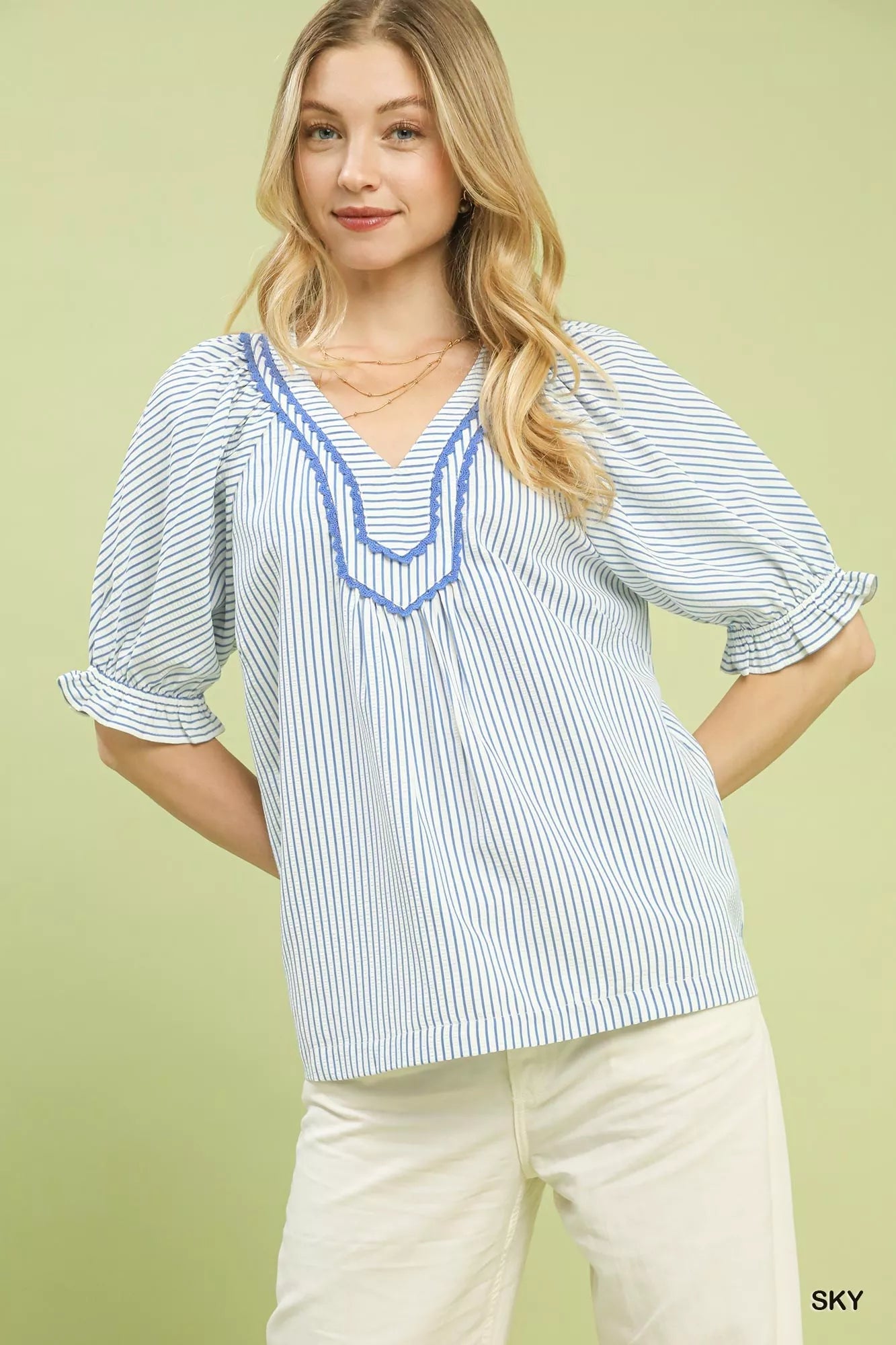 Umgee Stripe V - Neck Blouse - Bitsy Gypsy Boutique