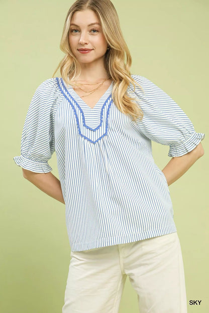 Umgee Stripe V - Neck Blouse - Bitsy Gypsy Boutique