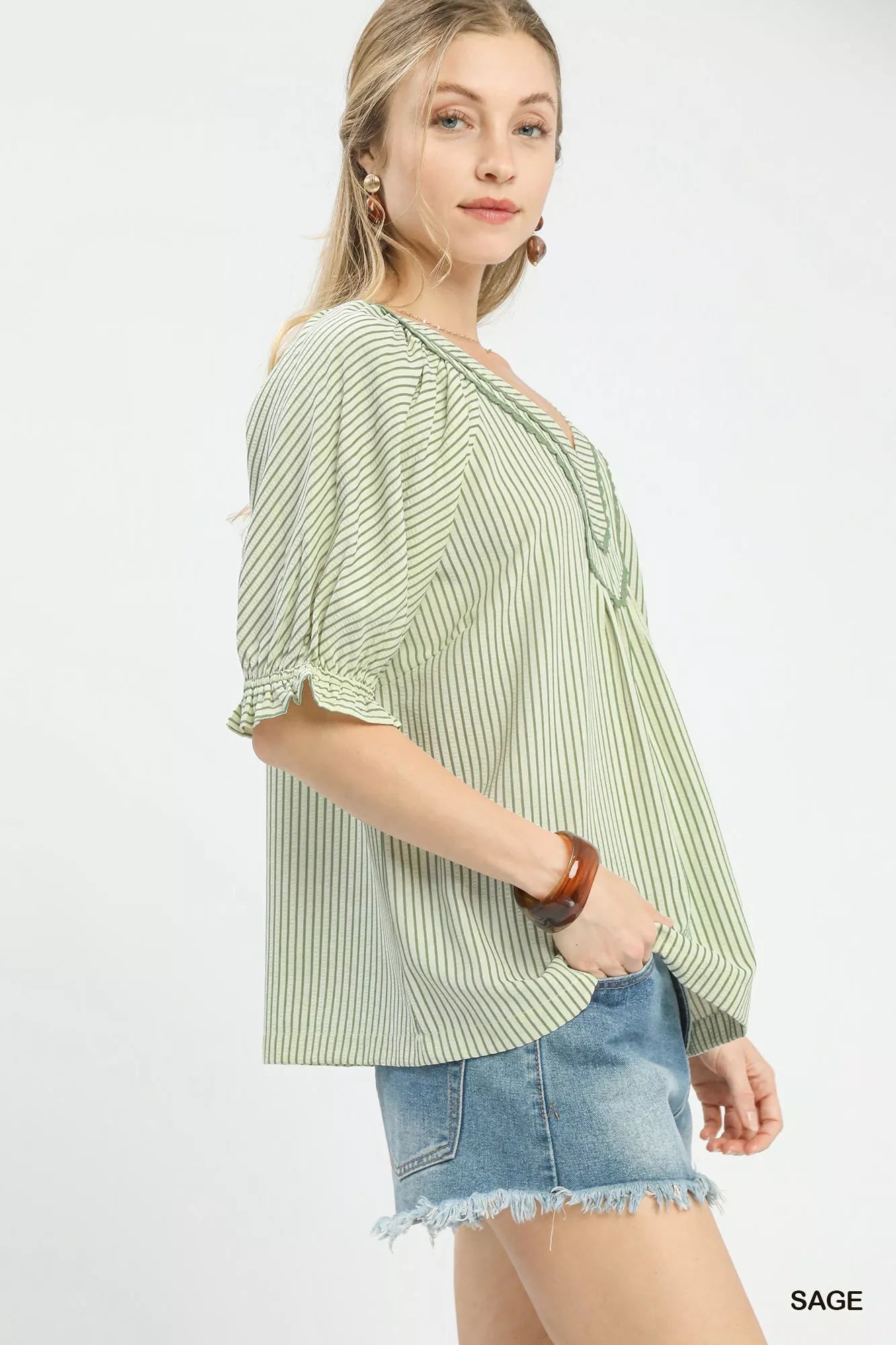 Umgee Stripe V - Neck Blouse - Bitsy Gypsy Boutique