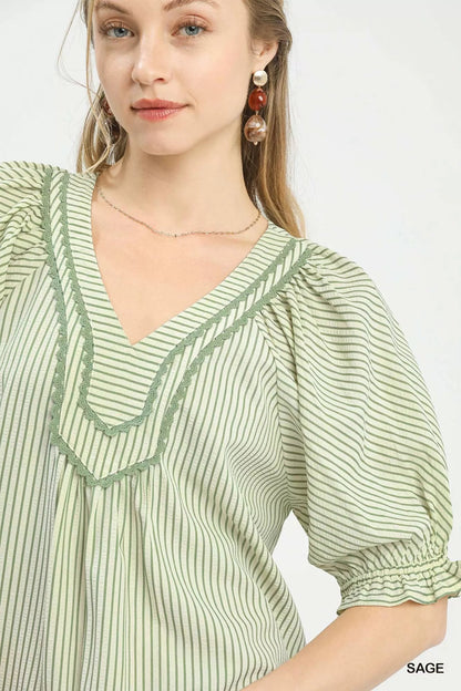 Umgee Stripe V - Neck Blouse - Bitsy Gypsy Boutique