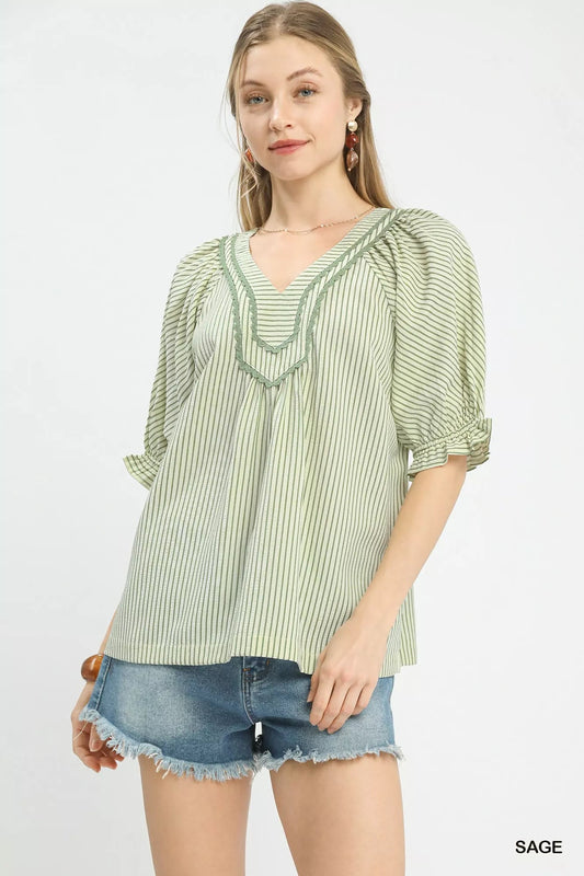 Umgee Stripe V - Neck Blouse - Bitsy Gypsy Boutique