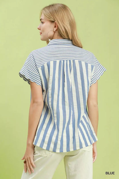Umgee Striped Button Front Flutter Sleeve Top - Bitsy Gypsy Boutique