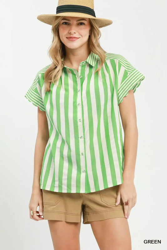 Umgee Striped Button Front Flutter Sleeve Top - Bitsy Gypsy Boutique
