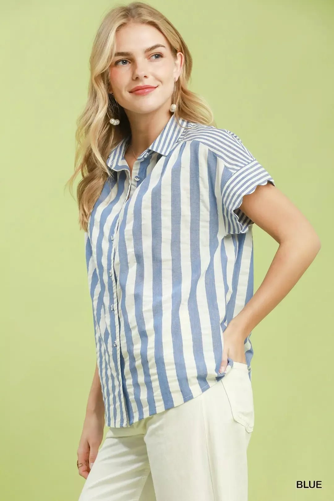 Umgee Striped Button Front Flutter Sleeve Top - Bitsy Gypsy Boutique