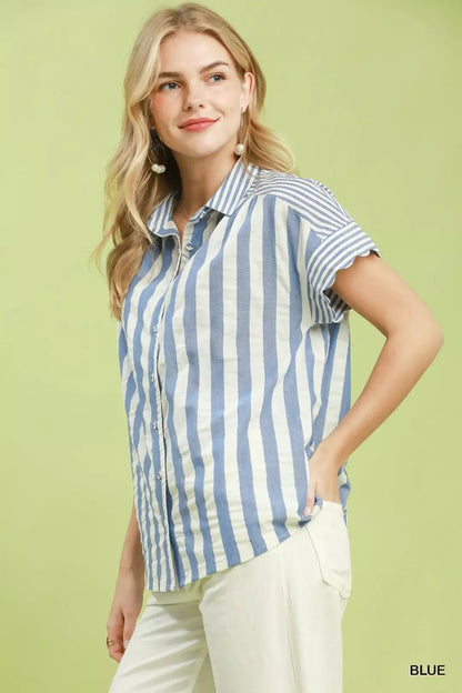 Umgee Striped Button Front Flutter Sleeve Top - Bitsy Gypsy Boutique