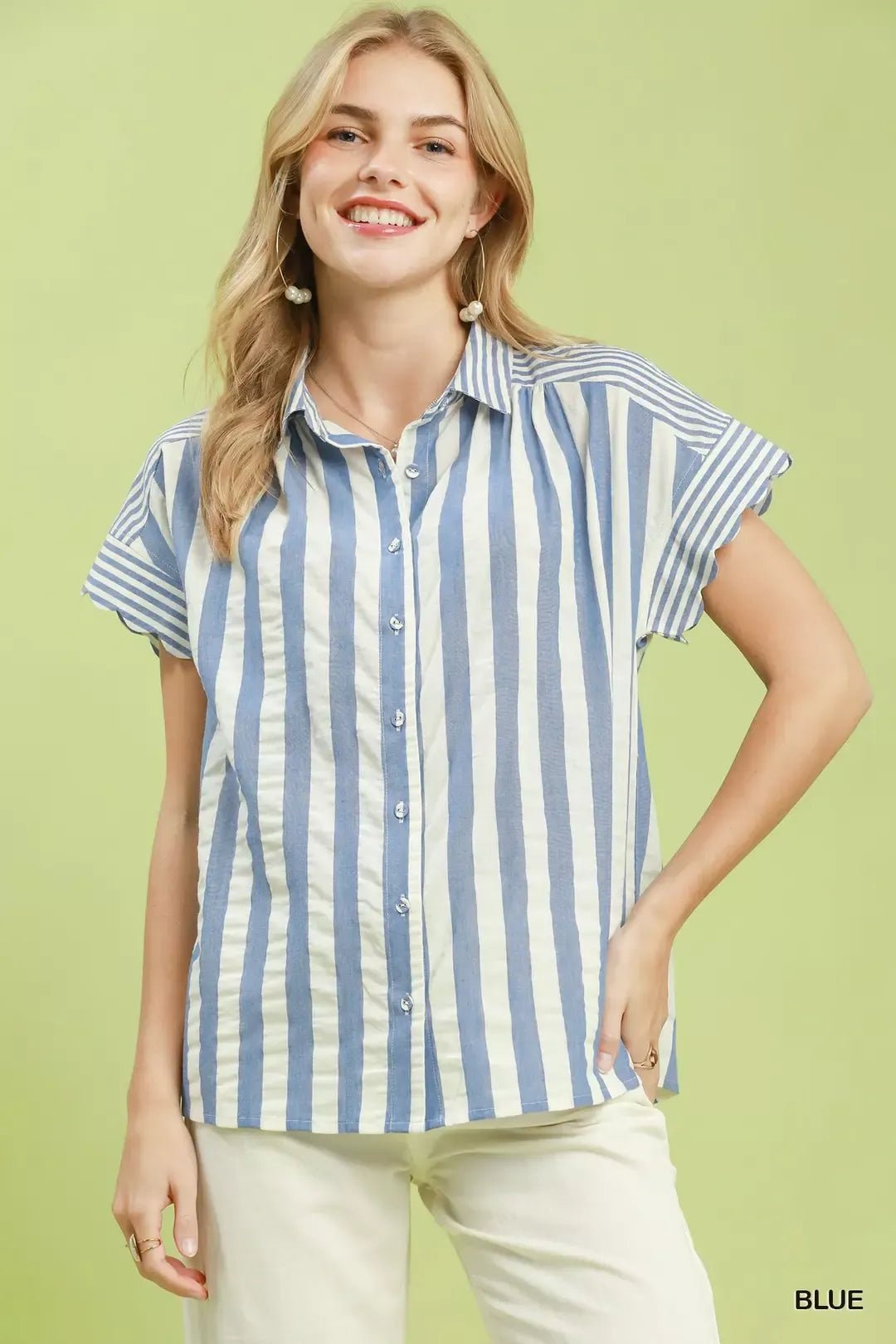 Umgee Striped Button Front Flutter Sleeve Top - Bitsy Gypsy Boutique