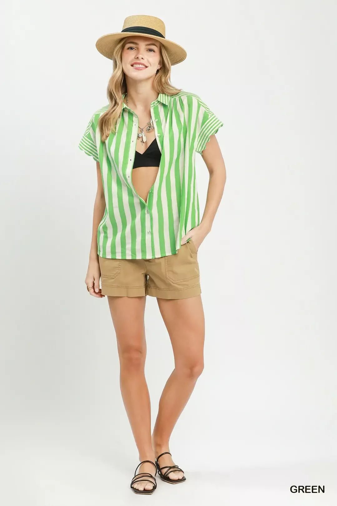 Umgee Striped Button Front Flutter Sleeve Top - Bitsy Gypsy Boutique