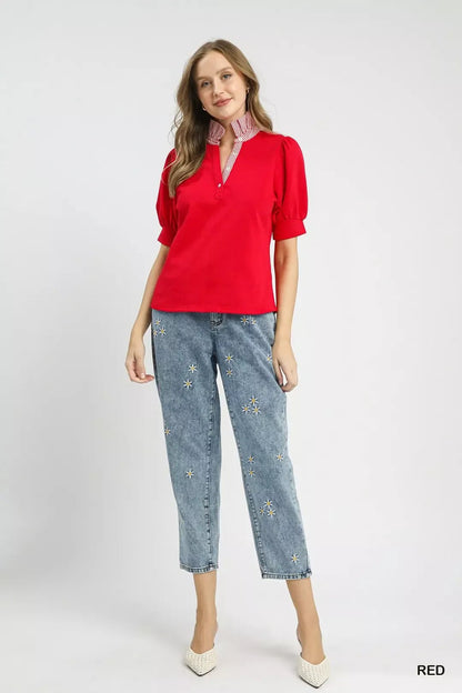Umgee Striped Collar Popover Top - Bitsy Gypsy Boutique