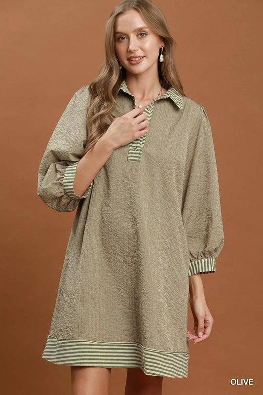 Umgee Striped Contrast Belted Puff Sleeve Mini Dress - Bitsy Gypsy Boutique