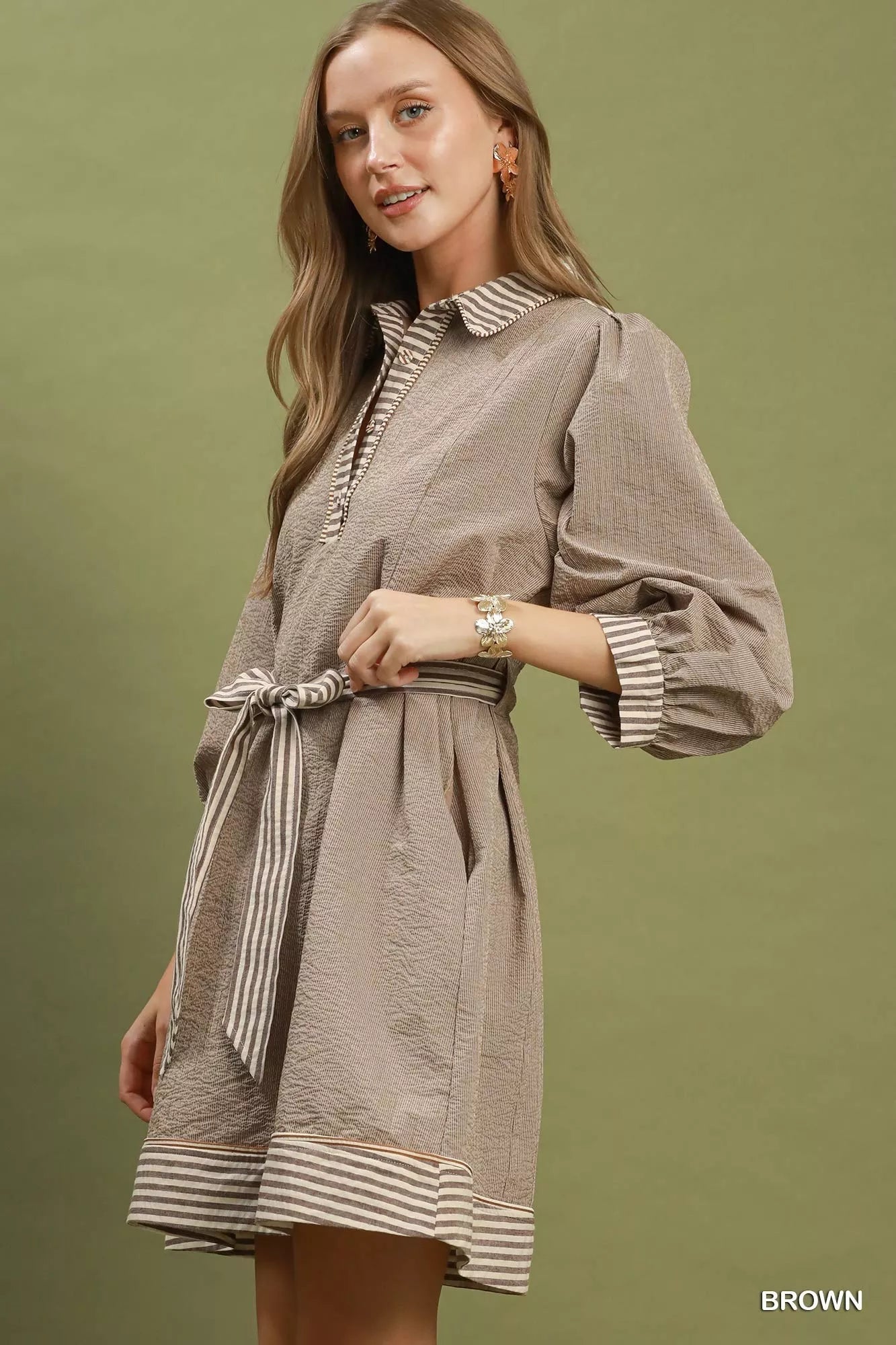Umgee Striped Contrast Belted Puff Sleeve Mini Dress - Bitsy Gypsy Boutique