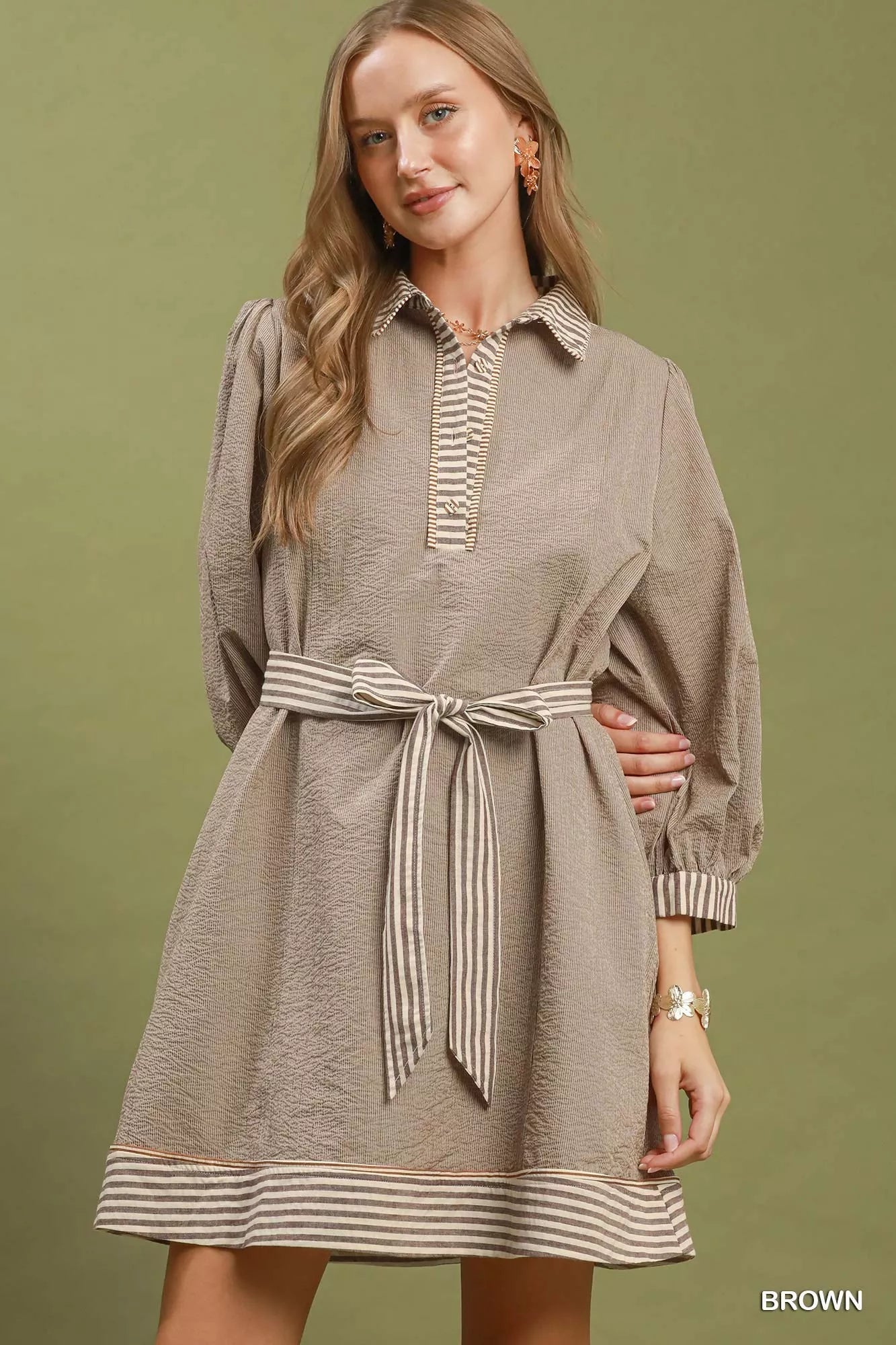 Umgee Striped Contrast Belted Puff Sleeve Mini Dress - Bitsy Gypsy Boutique