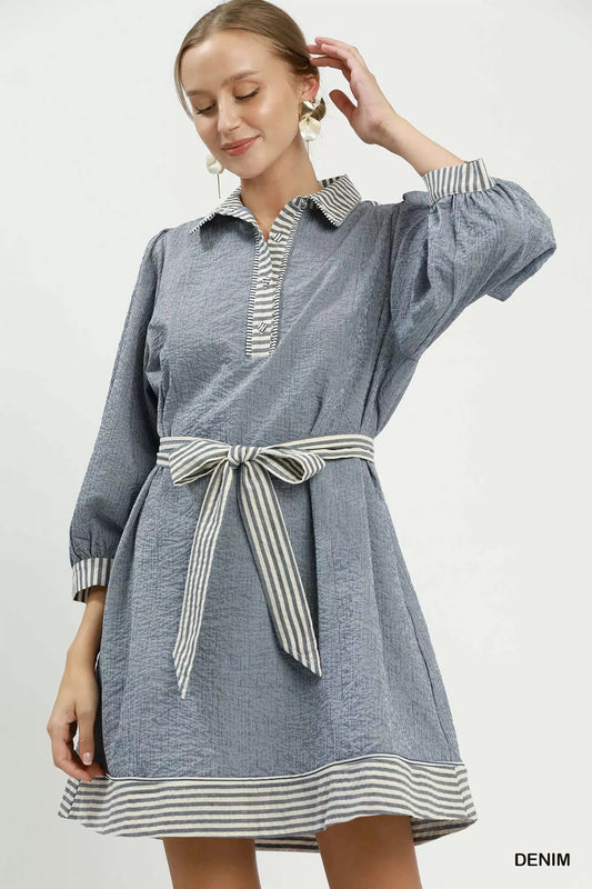 Umgee Striped Contrast Belted Puff Sleeve Mini Dress - Bitsy Gypsy Boutique