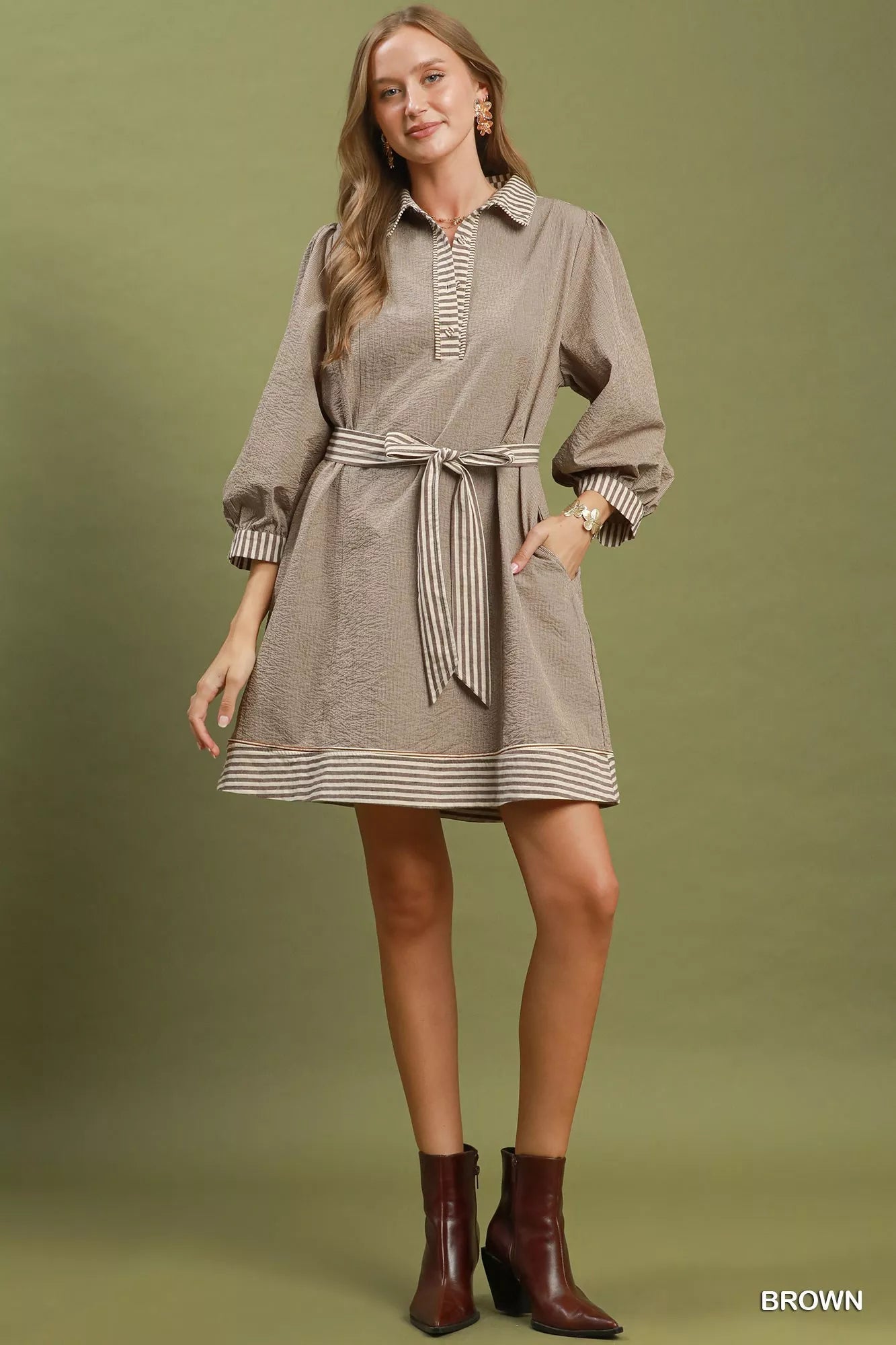 Umgee Striped Contrast Belted Puff Sleeve Mini Dress - Bitsy Gypsy Boutique