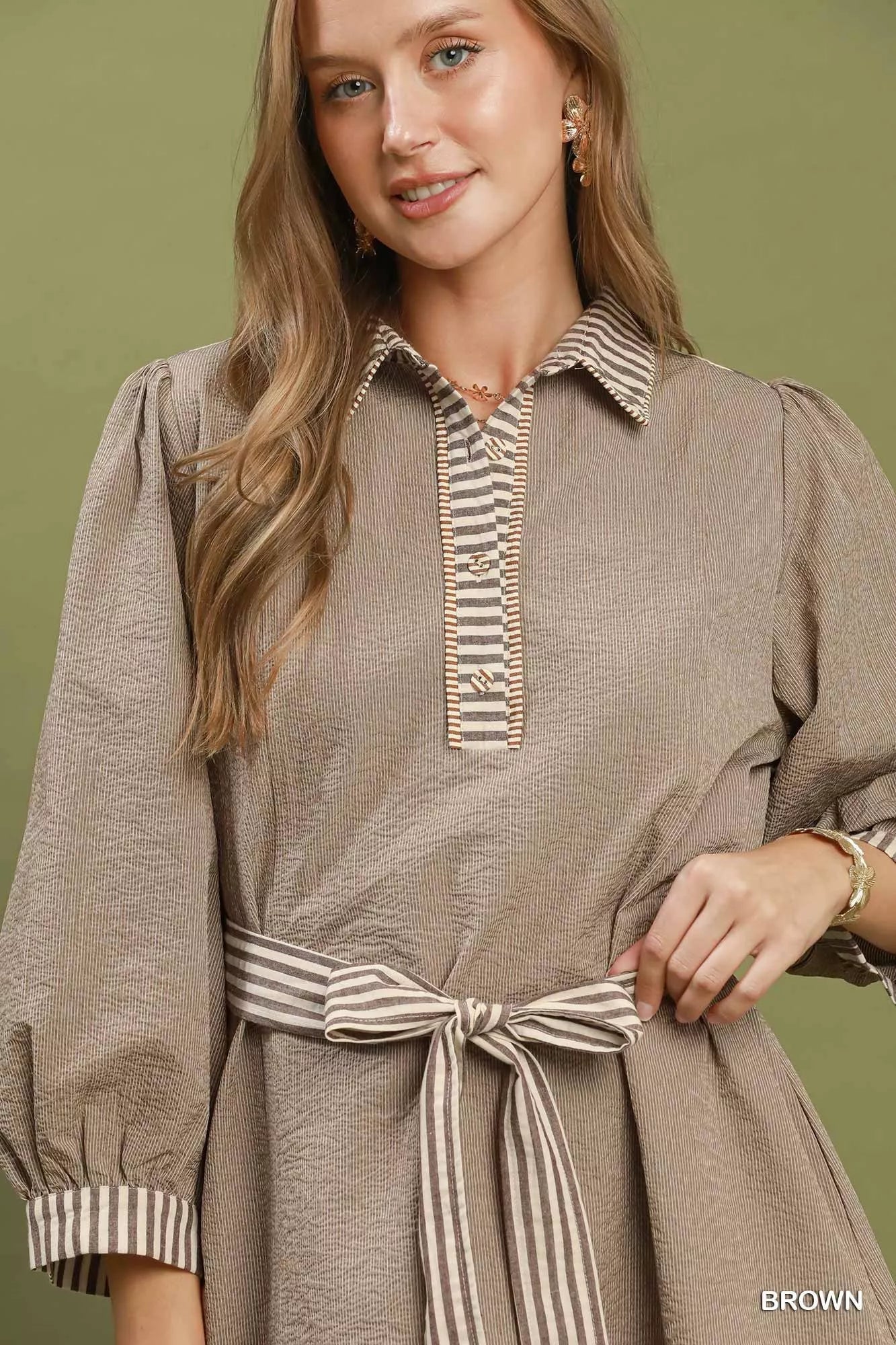 Umgee Striped Contrast Belted Puff Sleeve Mini Dress - Bitsy Gypsy Boutique