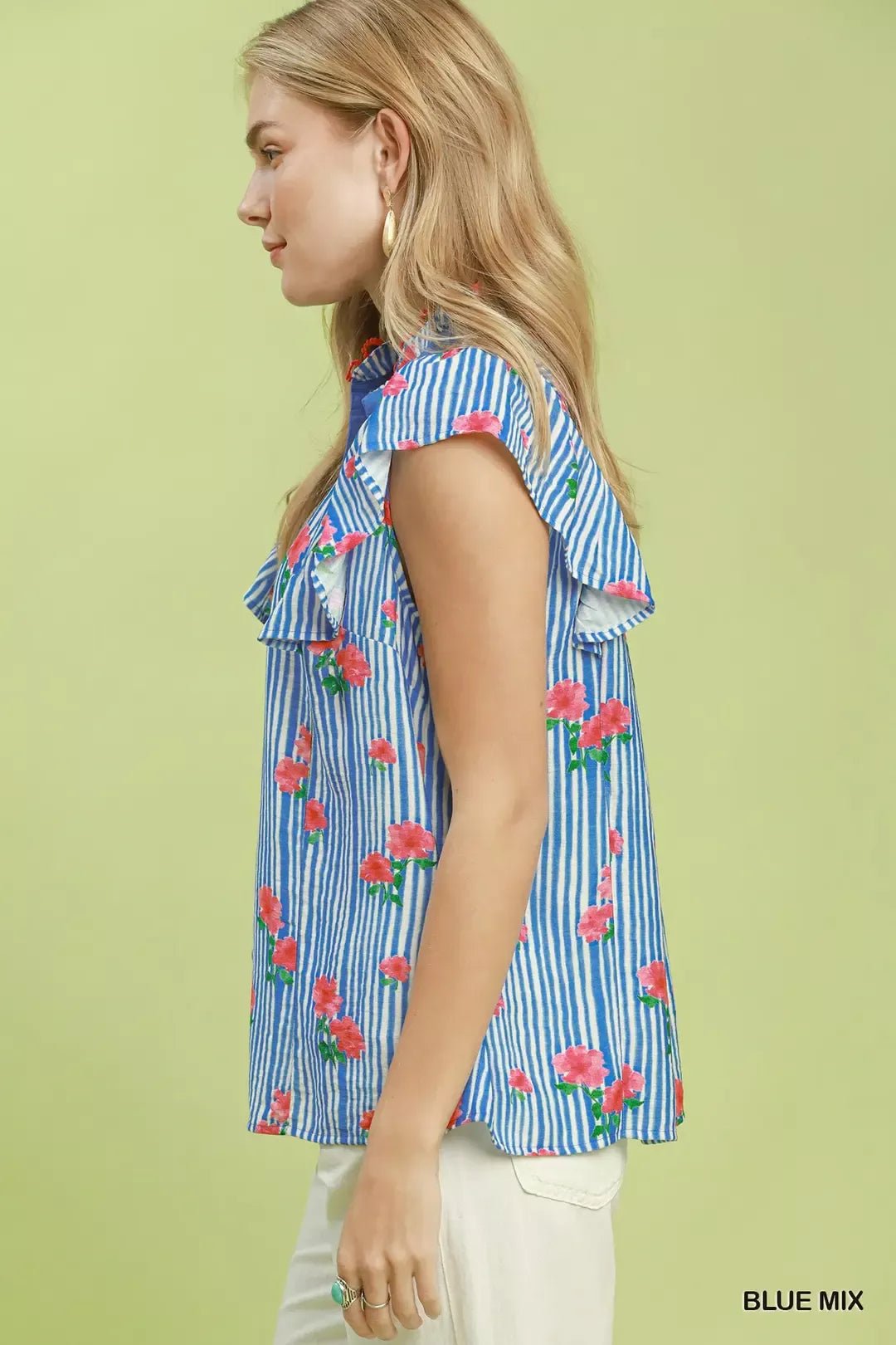 Umgee Striped Floral Ruffle Sleeve Top with Contrast Trim - Bitsy Gypsy Boutique