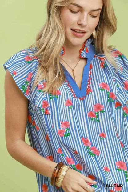 Umgee Striped Floral Ruffle Sleeve Top with Contrast Trim - Bitsy Gypsy Boutique