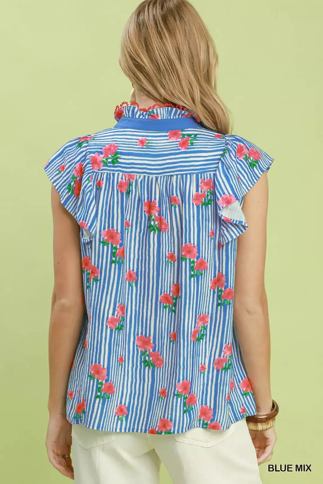 Umgee Striped Floral Ruffle Sleeve Top with Contrast Trim - Bitsy Gypsy Boutique