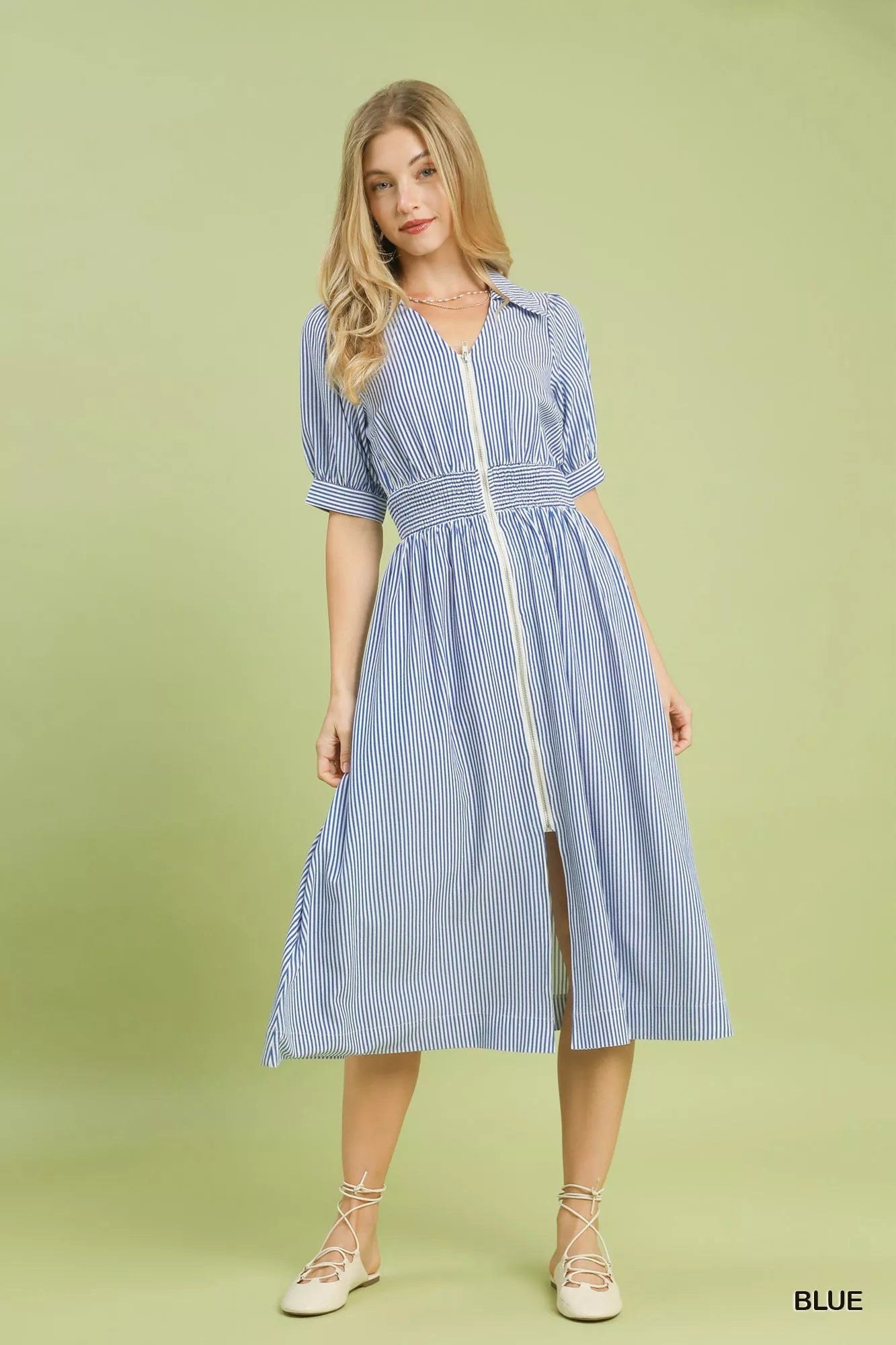 Umgee Striped Midi Dress with Front Zipper - Bitsy Gypsy Boutique