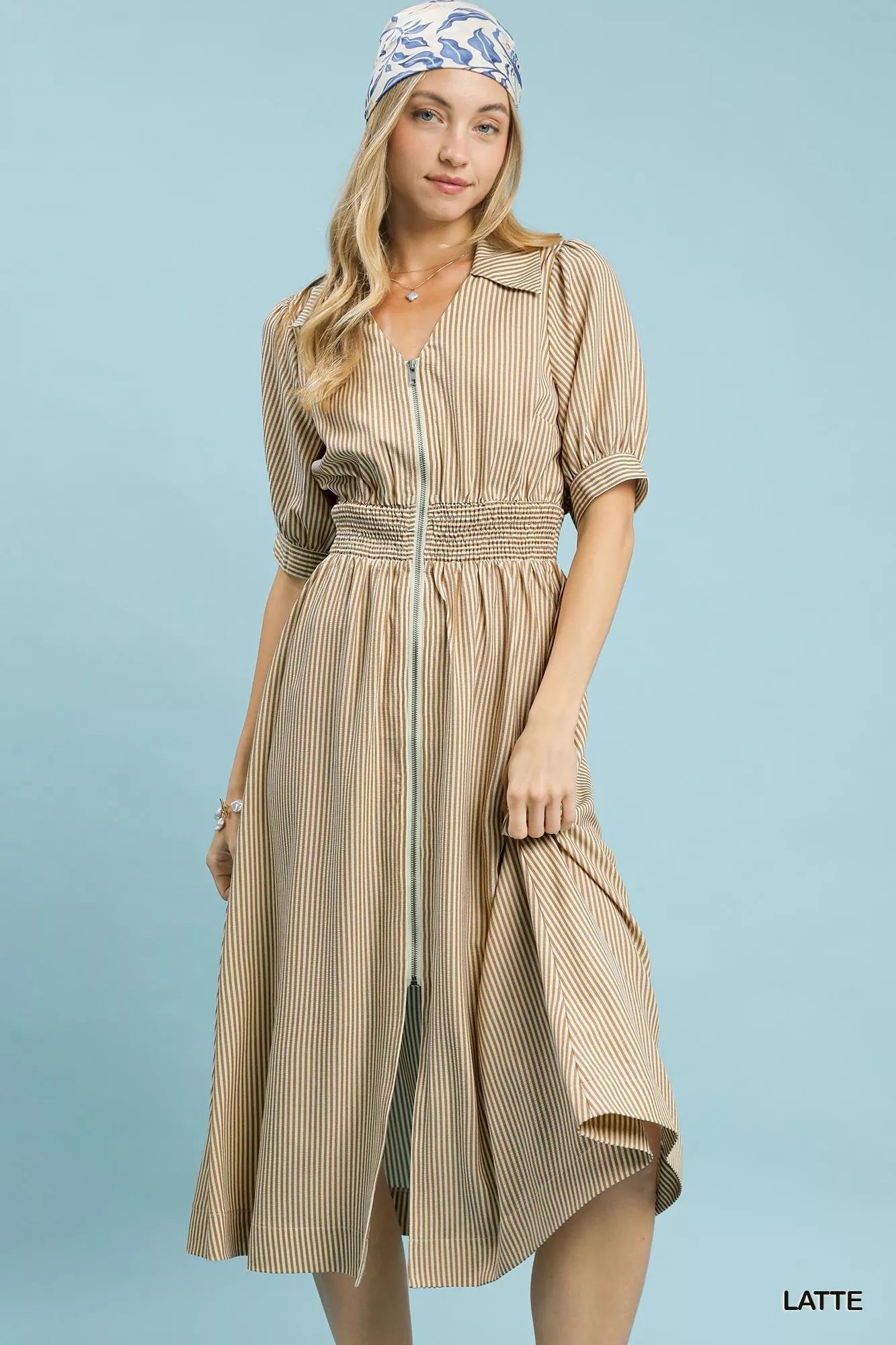 Umgee Striped Midi Dress with Front Zipper - Bitsy Gypsy Boutique