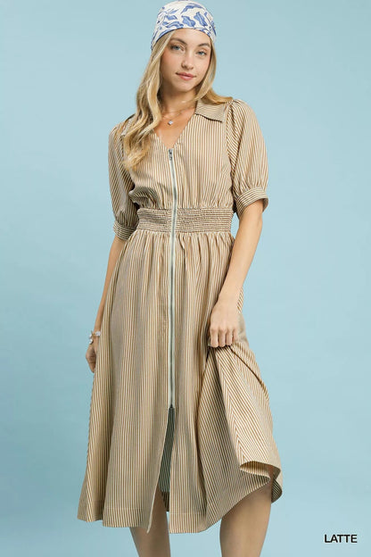 Umgee Striped Midi Dress with Front Zipper - Bitsy Gypsy Boutique