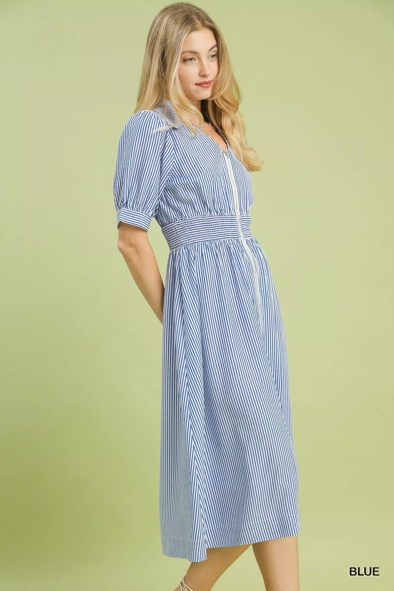 Umgee Striped Midi Dress with Front Zipper - Bitsy Gypsy Boutique