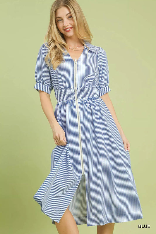 Umgee Striped Midi Dress with Front Zipper - Bitsy Gypsy Boutique