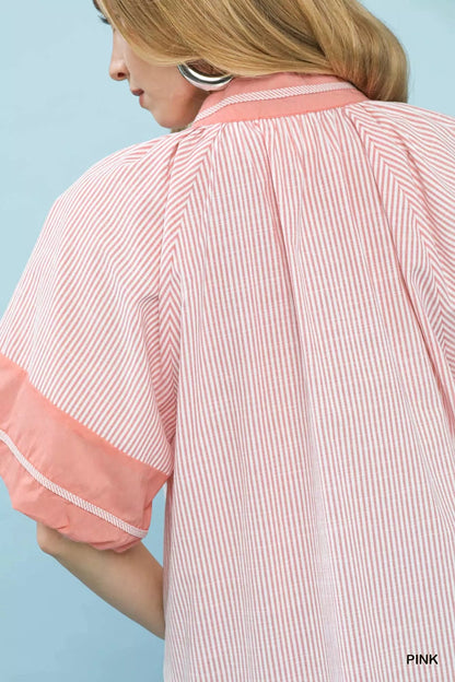 Umgee Striped Mixed Puff Sleeve Blouse - Bitsy Gypsy Boutique