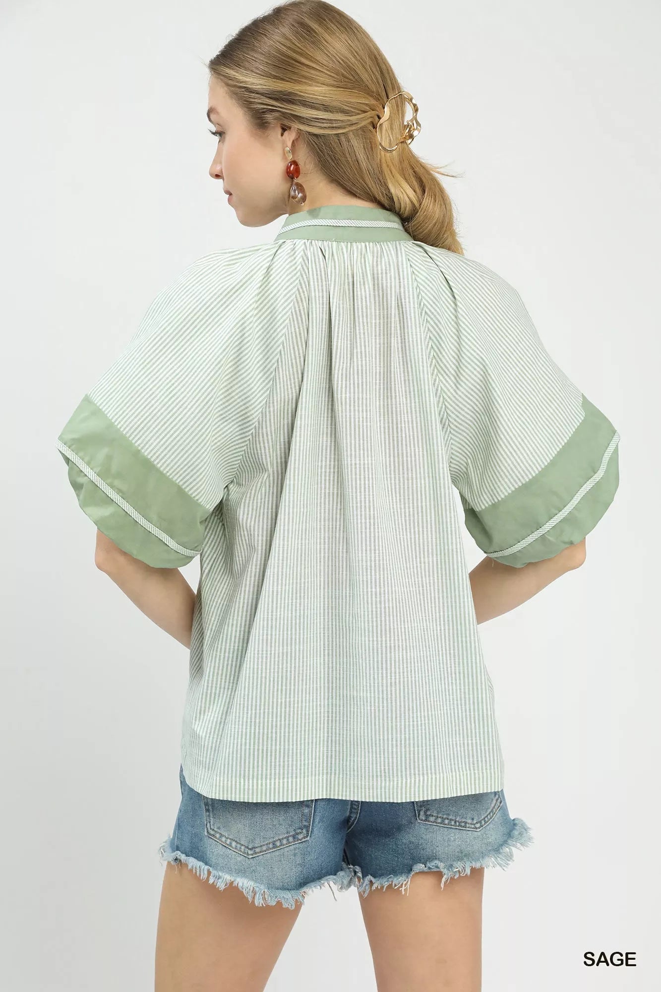 Umgee Striped Mixed Puff Sleeve Blouse - Bitsy Gypsy Boutique