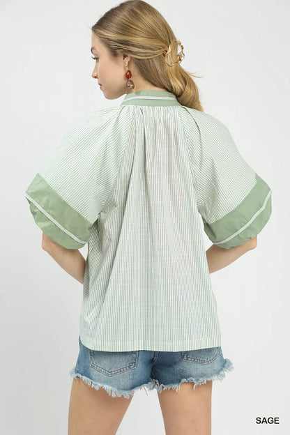 Umgee Striped Mixed Puff Sleeve Blouse - Bitsy Gypsy Boutique