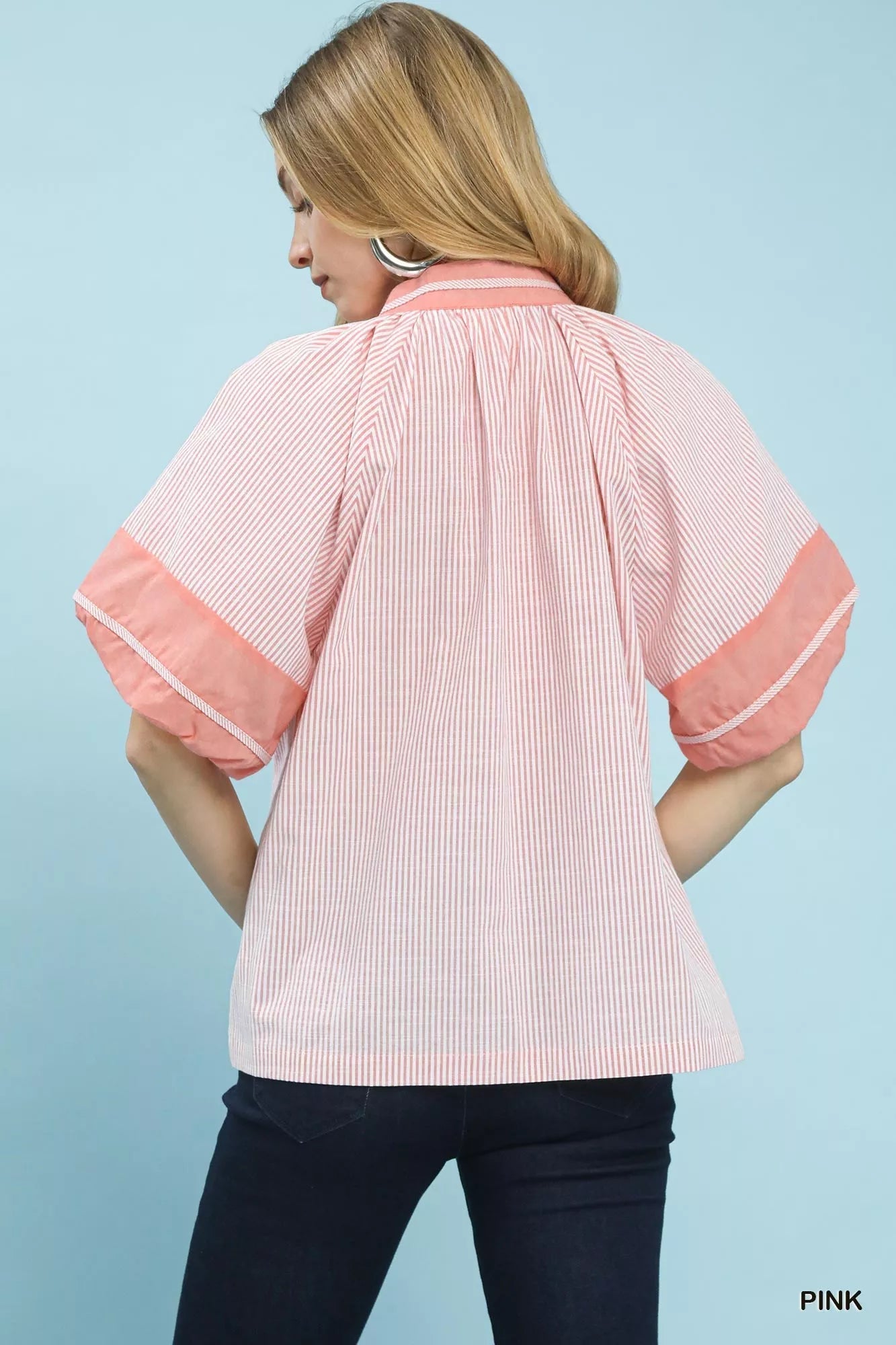 Umgee Striped Mixed Puff Sleeve Blouse - Bitsy Gypsy Boutique