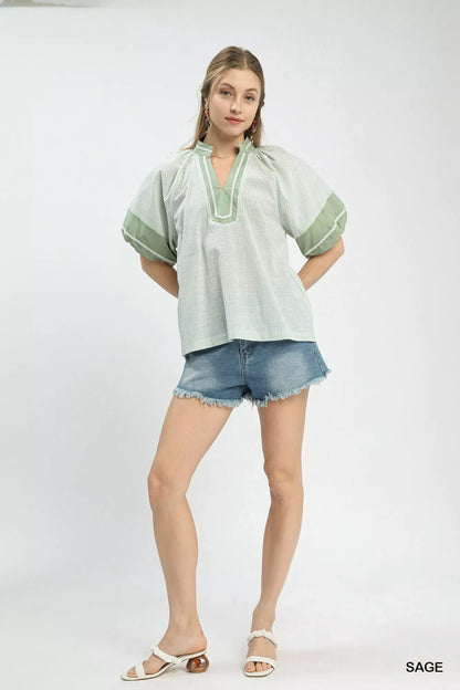 Umgee Striped Mixed Puff Sleeve Blouse - Bitsy Gypsy Boutique