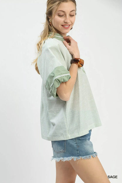 Umgee Striped Mixed Puff Sleeve Blouse - Bitsy Gypsy Boutique