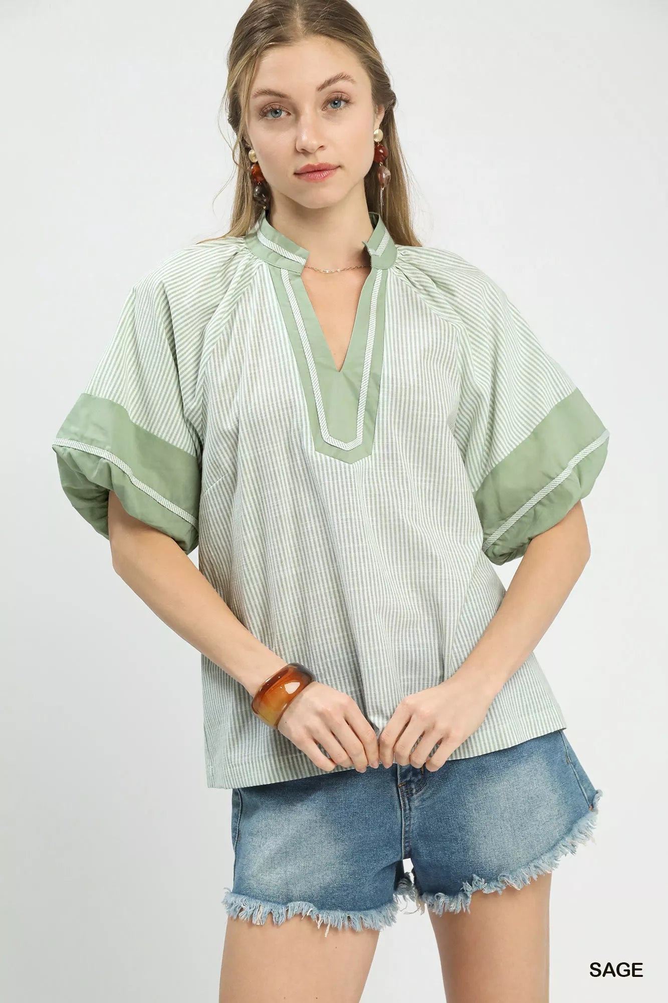 Umgee Striped Mixed Puff Sleeve Blouse - Bitsy Gypsy Boutique