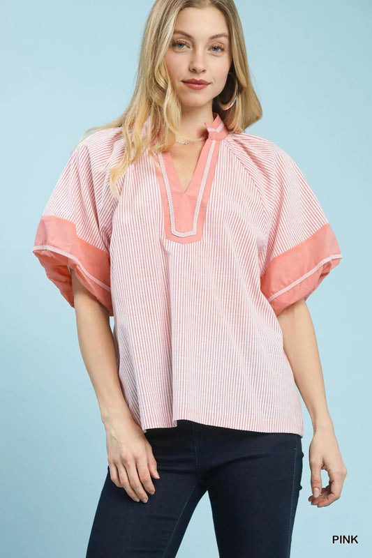 Umgee Striped Mixed Puff Sleeve Blouse - Bitsy Gypsy Boutique