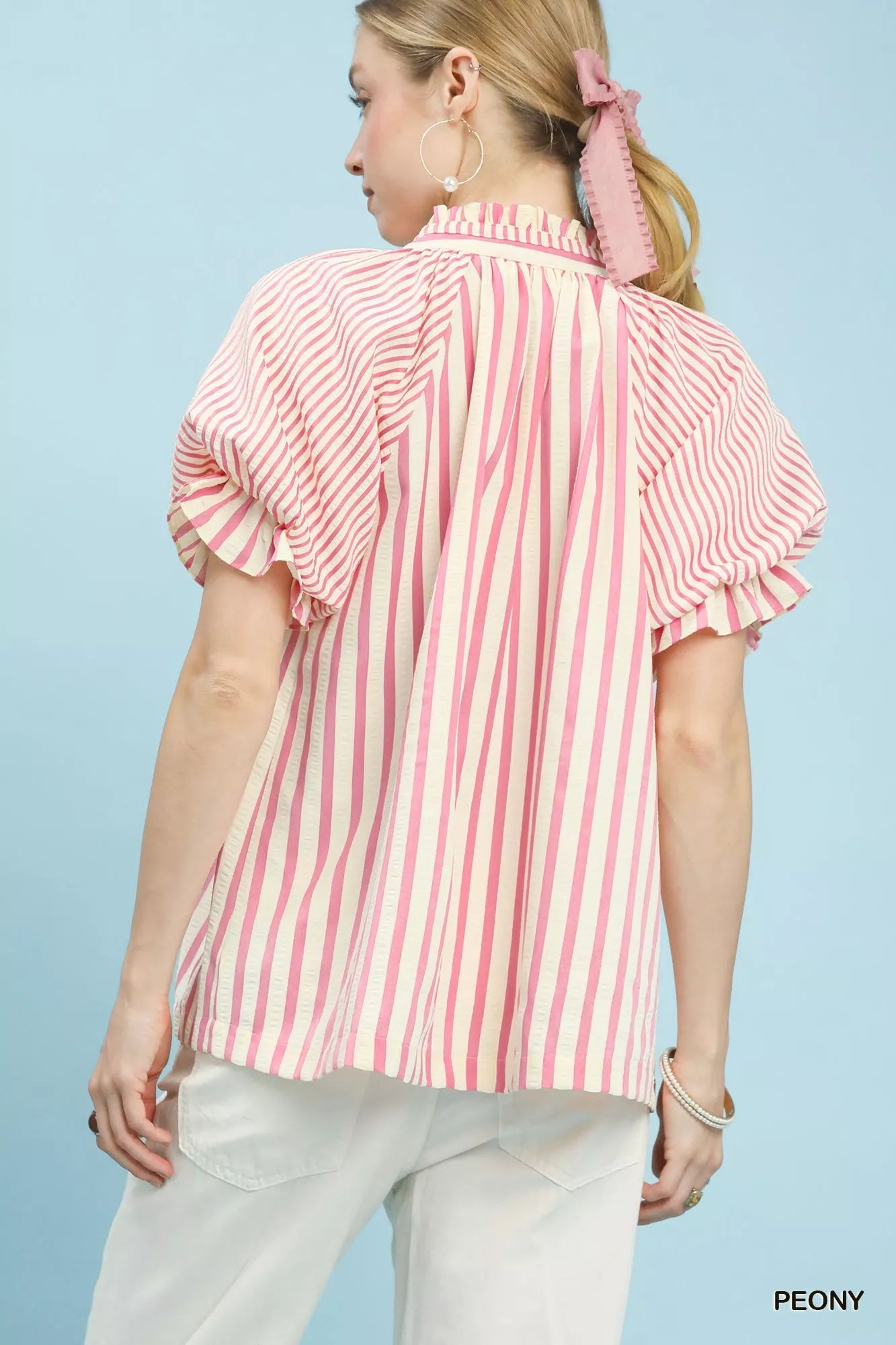 Umgee Striped Notched Top with Short Flutter Sleeves - Bitsy Gypsy Boutique